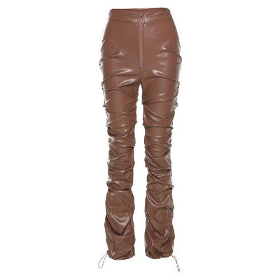 Pantalón de Cuero PU Plisado Cintura Alta Negro - Image 3