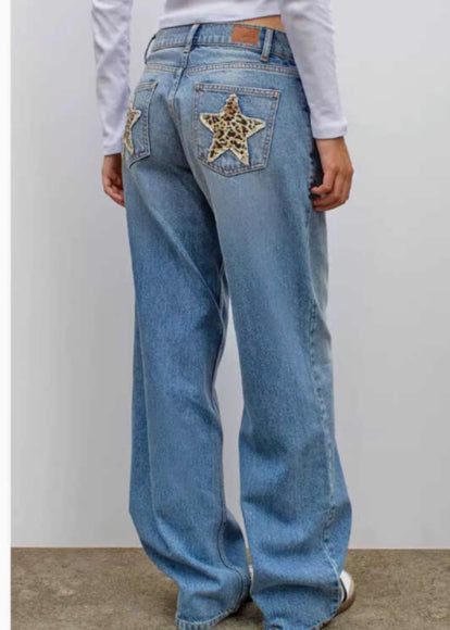 Jeans Vintage Americana con Estampado de Leopardo y Estrellas Bordadas - Image 16