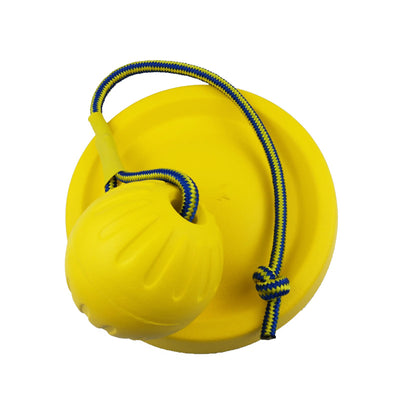 Bright yellow EVA pet ball dog toy with textured grooves and paw print details for interactive play. - Image 3