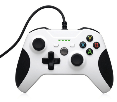 Black wired USB game controller with green accents, two joysticks, and ABXY buttons, shown with USB, USB-C, and micro-USB adapters. - Image 9