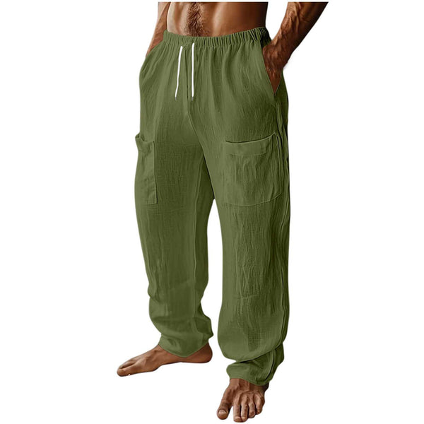 Pantalones Casuales de Algodón y Lino con Cintura Elástica y Bolsillos Múltiples