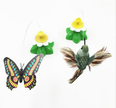 Electric pet toy with a row of white and yellow daisy flowers, green leaves, and five colorful feather birds on wires. - Image 4