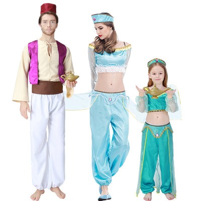 Men's Prince costume featuring a red fez, cream shirt, purple vest, brown sash, white harem pants, and a gold genie lamp. - Image 5