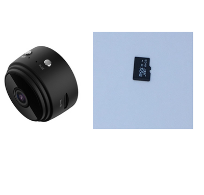 White A9 WIFI wireless network camera with a black lens, shown next to a black 32GB microSD card. - Image 14