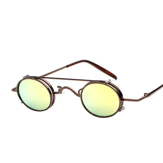 Retro round sunglasses with vibrant red lenses and a black metal frame, featuring a unique flip-up design.