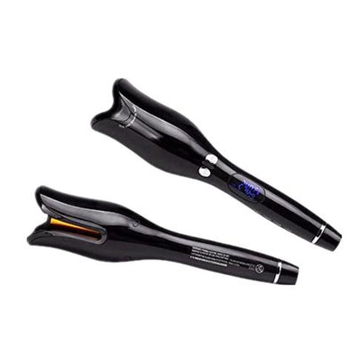 Black automatic curling iron with a digital temperature display and control buttons, featuring a curved barrel and swivel cord. - Image 4