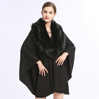 Poncho Capa de Punto con Cuello de Pelaje Sintético Oversized
