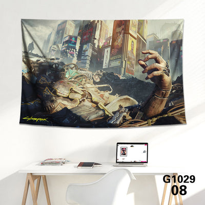 Cyberpunk 2077 tapestry featuring V and Jackie Welles with a neon-lit futuristic city skyline background. - Image 18