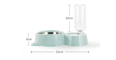White pet feeding station with a stainless steel food bowl and a clear automatic water dispenser bottle. - Image 21