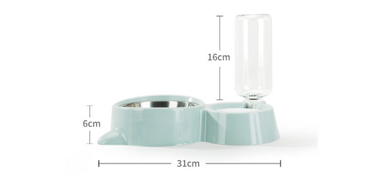 White pet feeding station with a stainless steel food bowl and a clear automatic water dispenser bottle. - Image 21