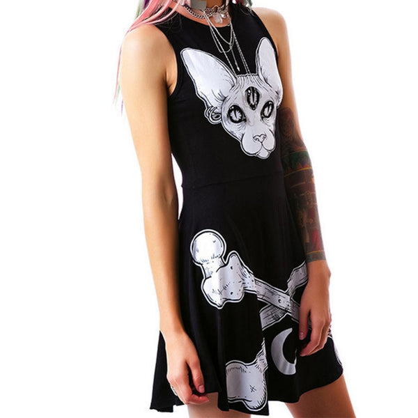 Vestido de Verano Mujer con Patrón de Dibujo Animado de Tres Ojos y Media Luna