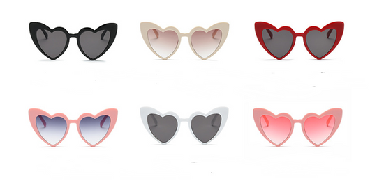 White heart-shaped sunglasses with dark gray lenses, shown from front, top, and side views on a white background. - Image 3