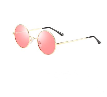 Round vintage sunglasses with gold metal frames and dark black lenses, shown at an angle on a white background. - Image 8