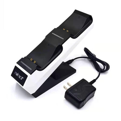 White and black dual charging station for PS5 game controllers with blue LED indicators and 'mind' logo. - Image 3