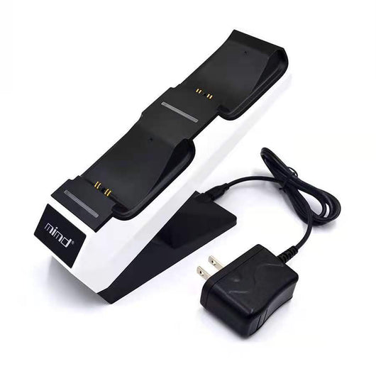 White and black dual charging station for PS5 game controllers with blue LED indicators and 'mind' logo. - Image 3