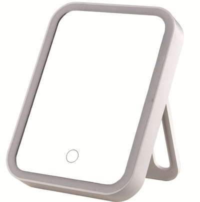 Pink LED makeup mirror with a rectangular shape, built-in lights, and a touch-sensitive power button. - Image 2