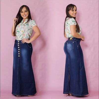Falda Larga Denim Slim Efecto Adelgazante para Mujer - Image 11