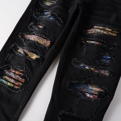 Jeans Rotos Elásticos para Hombre con Parches y Estampado Minimalista - Image 6