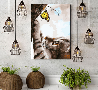 Cuadro Óleo Gato y Mariposa Pintado a Mano - Decoración Artística para Hogar - Image 2