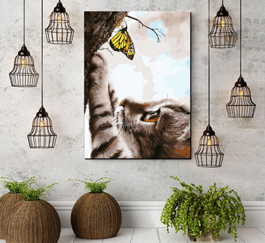 Cuadro Óleo Gato y Mariposa Pintado a Mano - Decoración Artística para Hogar - Image 2
