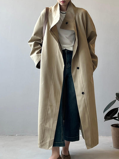 Abrigo Trinchera Largo Mujer Cuello Alzado Oversized Abotonado Simple - Image 12