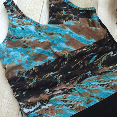 Women's one-piece swimsuit with a black bottom and a blue, brown, and white abstract patterned, ruched V-neck top. - Image 3