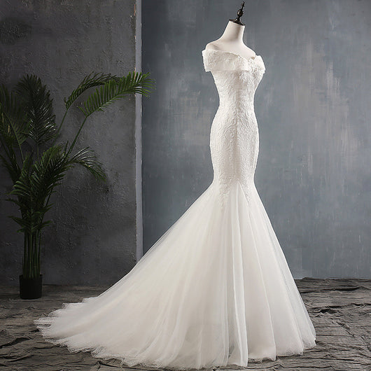 Vestido de Novia Asimétrico Cola Sirena con Hombro Descubierto - Image 3