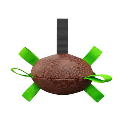 Interactive dog football toy with black and white panels, paw prints, green nylon tabs, and a green carabiner clip. Includes a black inflation pump. - Image 90