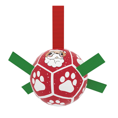 Interactive dog football toy with black and white panels, paw prints, green nylon tabs, and a green carabiner clip. Includes a black inflation pump. - Image 93
