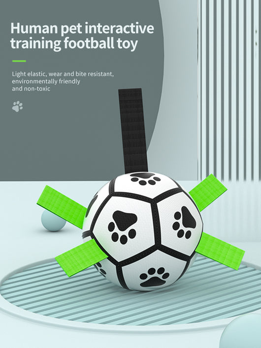 Interactive dog football toy with black and white panels, paw prints, green nylon tabs, and a green carabiner clip. Includes a black inflation pump. - Image 96