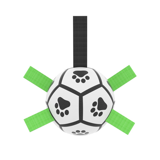 Interactive dog football toy with black and white panels, paw prints, green nylon tabs, and a green carabiner clip. Includes a black inflation pump. - Image 99