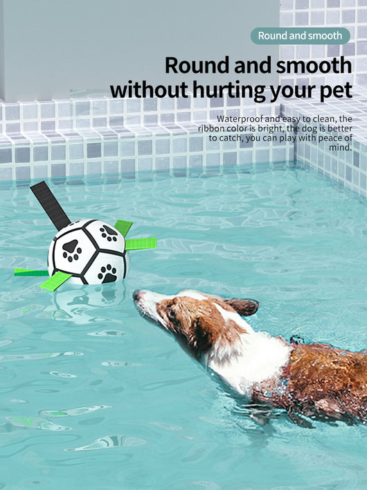 Interactive dog football toy with black and white panels, paw prints, green nylon tabs, and a green carabiner clip. Includes a black inflation pump. - Image 104