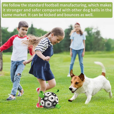 Interactive dog football toy with black and white panels, paw prints, green nylon tabs, and a green carabiner clip. Includes a black inflation pump. - Image 109
