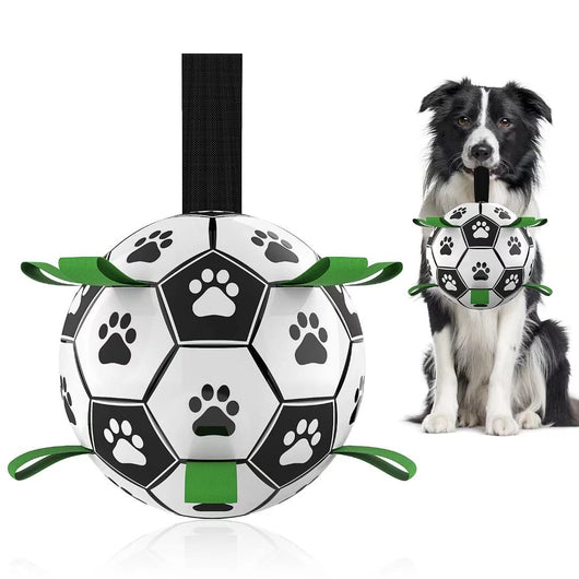 Interactive dog football toy with black and white panels, paw prints, green nylon tabs, and a green carabiner clip. Includes a black inflation pump.
