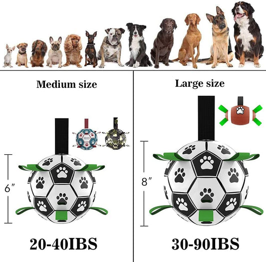 Interactive dog football toy with black and white panels, paw prints, green nylon tabs, and a green carabiner clip. Includes a black inflation pump. - Image 2