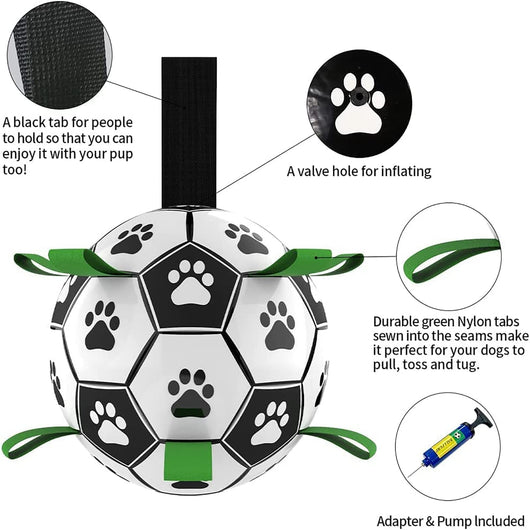 Interactive dog football toy with black and white panels, paw prints, green nylon tabs, and a green carabiner clip. Includes a black inflation pump. - Image 3