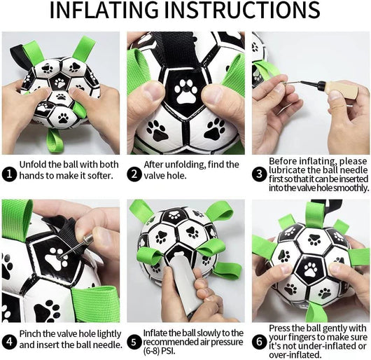 Interactive dog football toy with black and white panels, paw prints, green nylon tabs, and a green carabiner clip. Includes a black inflation pump. - Image 4
