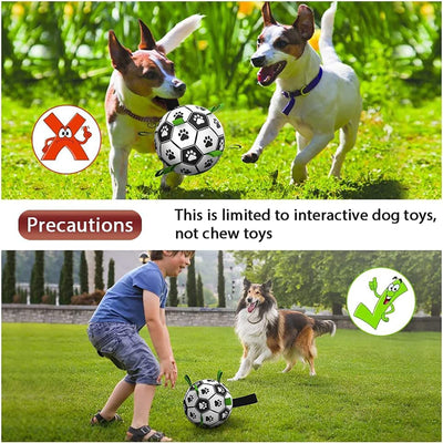 Interactive dog football toy with black and white panels, paw prints, green nylon tabs, and a green carabiner clip. Includes a black inflation pump. - Image 5