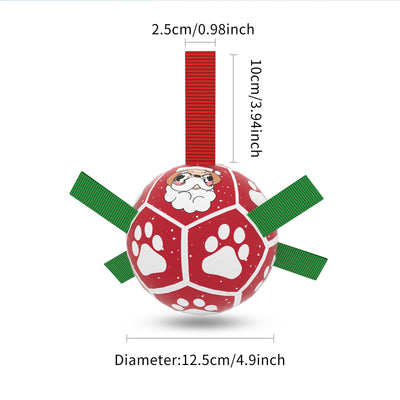 Interactive dog football toy with black and white panels, paw prints, green nylon tabs, and a green carabiner clip. Includes a black inflation pump. - Image 9
