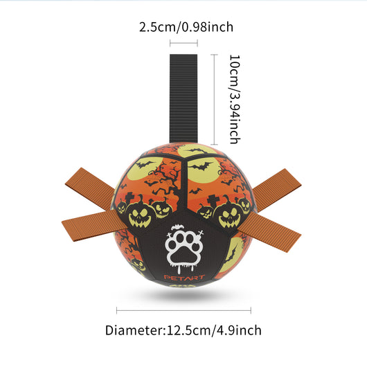 Interactive dog football toy with black and white panels, paw prints, green nylon tabs, and a green carabiner clip. Includes a black inflation pump. - Image 10