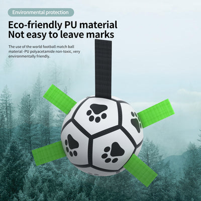 Interactive dog football toy with black and white panels, paw prints, green nylon tabs, and a green carabiner clip. Includes a black inflation pump. - Image 11