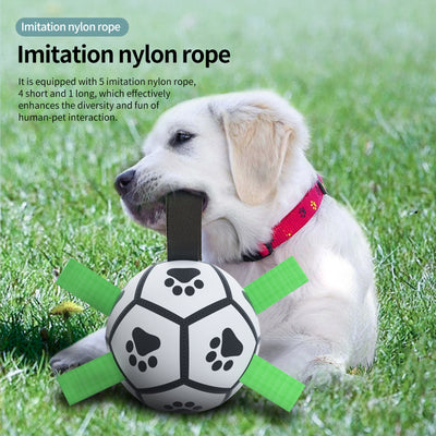 Interactive dog football toy with black and white panels, paw prints, green nylon tabs, and a green carabiner clip. Includes a black inflation pump. - Image 13