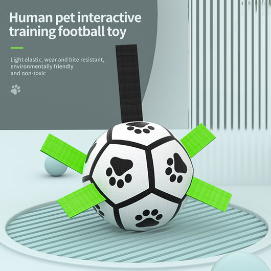 Interactive dog football toy with black and white panels, paw prints, green nylon tabs, and a green carabiner clip. Includes a black inflation pump. - Image 14