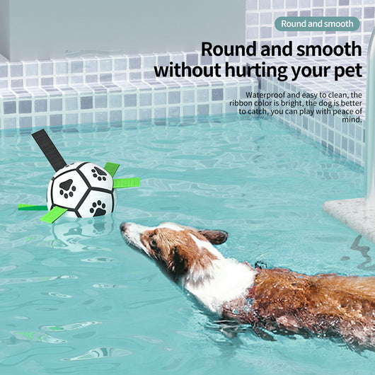 Interactive dog football toy with black and white panels, paw prints, green nylon tabs, and a green carabiner clip. Includes a black inflation pump. - Image 16