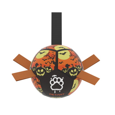 Interactive dog football toy with black and white panels, paw prints, green nylon tabs, and a green carabiner clip. Includes a black inflation pump. - Image 19