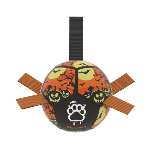 Interactive dog football toy with black and white panels, paw prints, green nylon tabs, and a green carabiner clip. Includes a black inflation pump. - Image 19