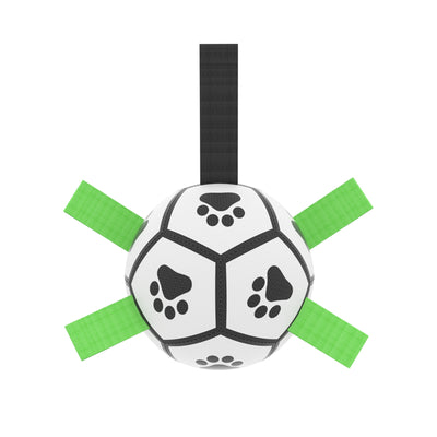 Interactive dog football toy with black and white panels, paw prints, green nylon tabs, and a green carabiner clip. Includes a black inflation pump. - Image 20