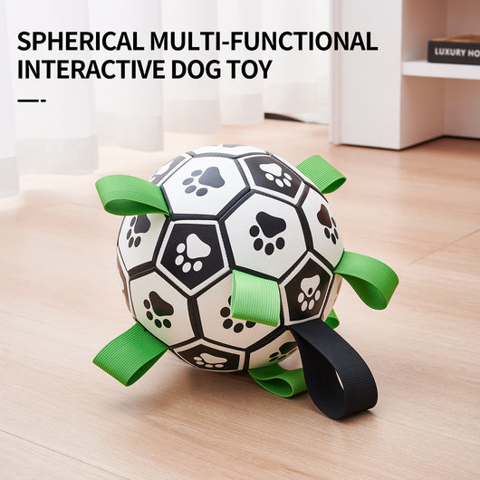 Interactive dog football toy with black and white panels, paw prints, green nylon tabs, and a green carabiner clip. Includes a black inflation pump. - Image 26