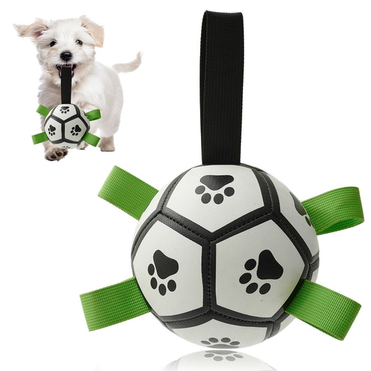 Interactive dog football toy with black and white panels, paw prints, green nylon tabs, and a green carabiner clip. Includes a black inflation pump. - Image 27