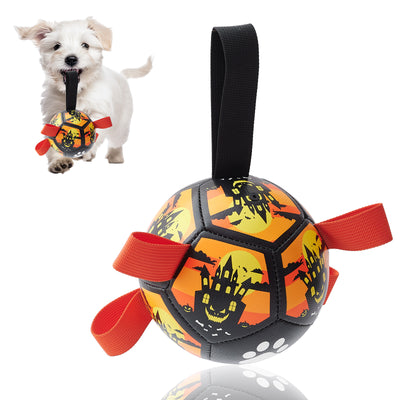 Interactive dog football toy with black and white panels, paw prints, green nylon tabs, and a green carabiner clip. Includes a black inflation pump. - Image 28